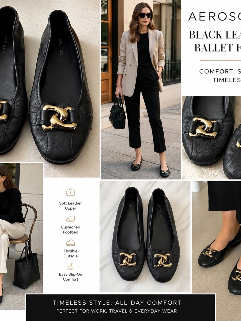 Aerosoles Black Leather Ballet Flats 9M Gold Chain Link Comfort Loafers Office